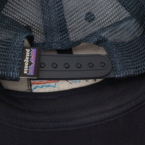 Patagonia Snapback Trucker Hat Navy Blue Cap Mesh Back Spell Out Mountain Patch - Picture 9 of 10